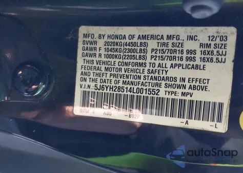 2004 Honda Element Ex z USA, uszkodzony, nr VIN 5J6YH28514L001552